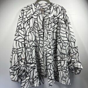 Chicos Women's Jacket Large Black White Lightweight Open Roll‎ Tab Long Sleeve